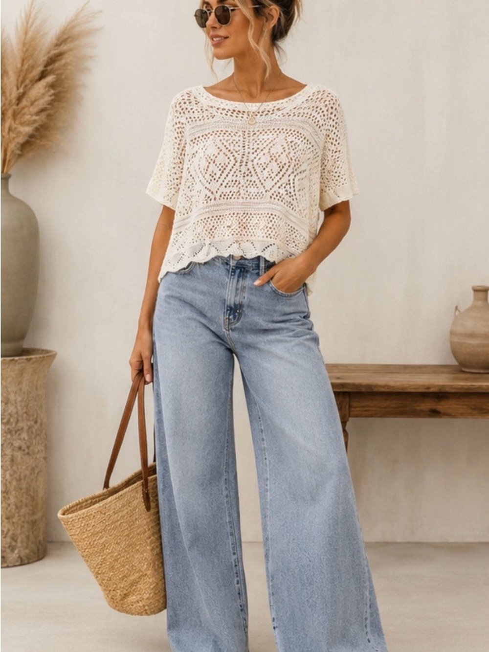 Title: Ardène Ivory Open-Knit Crochet Scalloped Top – Size XL